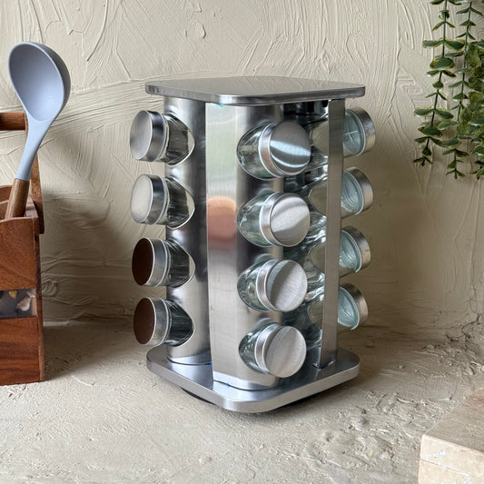 SVR Dönerli Standlı Kare Metal Kapaklı 16 Li Baharatlık Seti Gümüş KOD:705