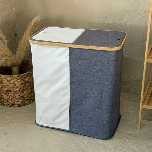 Lalezar Büyük Boy İki Bölmeli Katlanır Kirli Çamaşır Sepeti Set Gri-Krem KOD:8011