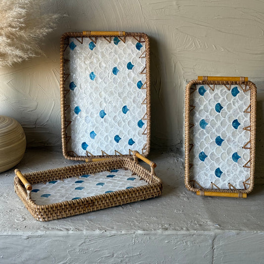 Porelly Sedef-Bambu Dikdörtgen 3 Boy Tepsi Seti Mavi KOD:093