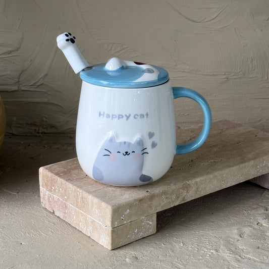 Happy Cat Porselen Kapaklı Kupa Seti Mavi