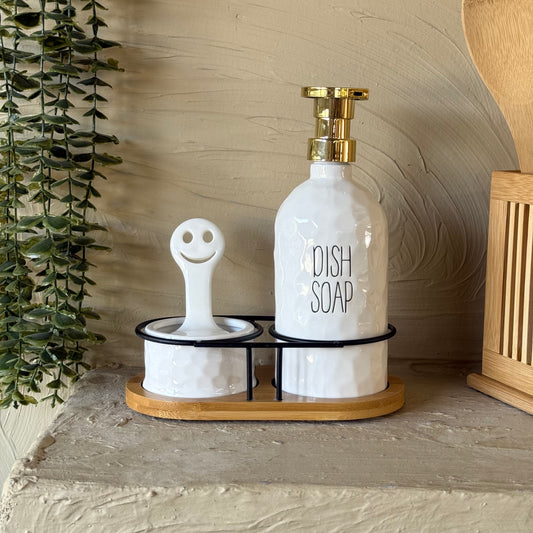 Buenally Mutfak Sıvı Sabunluk Seti Bambu Standlı 4 Parça Beyaz KOD:2407