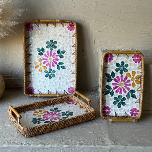 Porelly Sedef-Bambu Dikdörtgen 3 Boy Tepsi Seti Çiçekli KOD:093