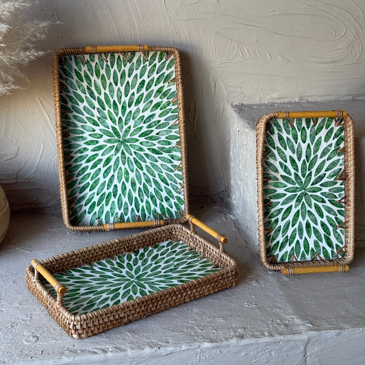 Porelly Sedef-Bambu Dikdörtgen 3 Boy Tepsi Seti Yeşil KOD:093