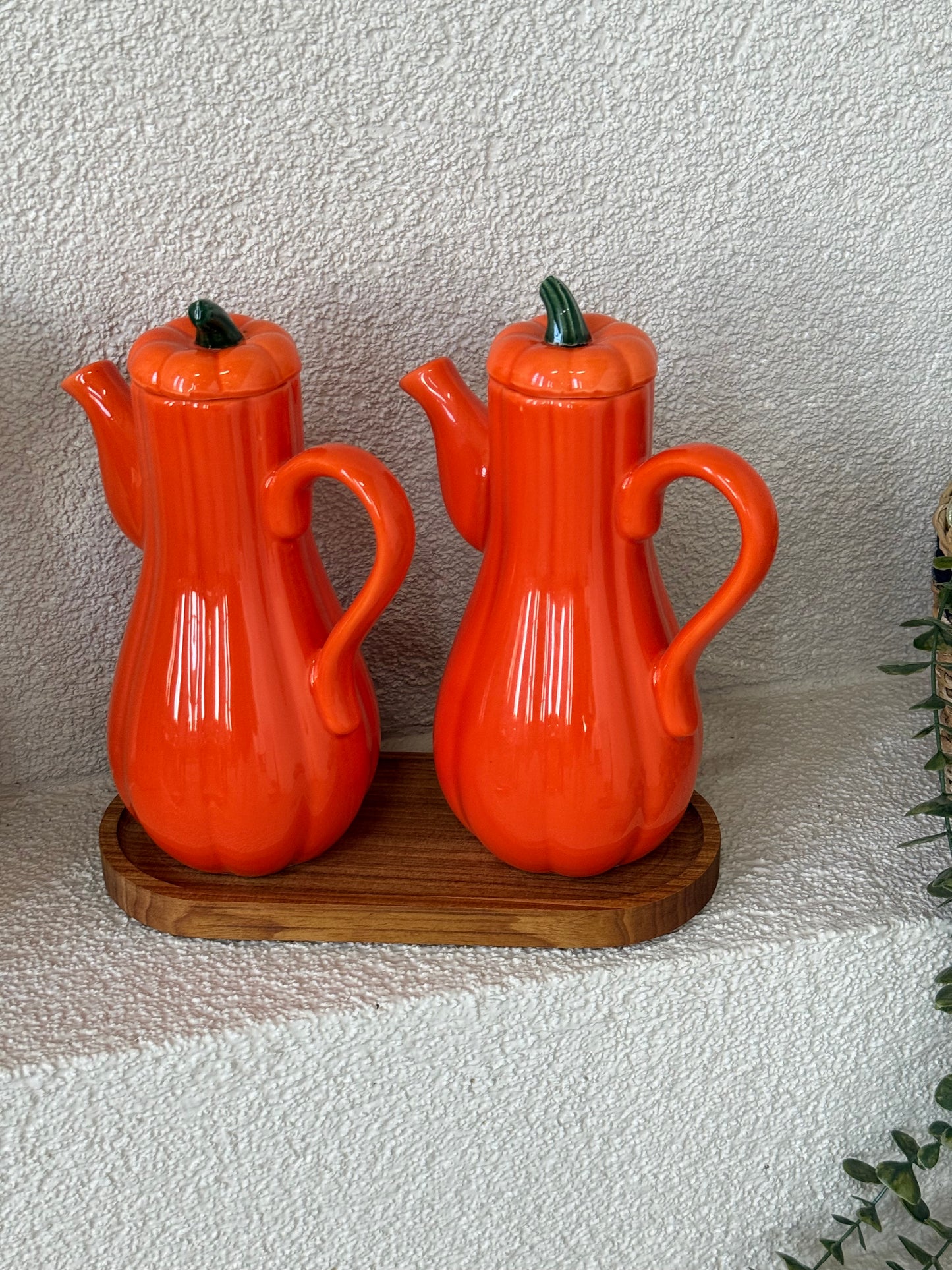 Pumpkin Ahşap Standlı İkili Yağdanlık Seti Turuncu KOD:6492