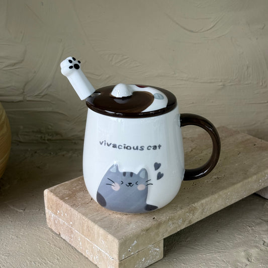 Vivacious Cat Porselen Kapaklı Kupa Seti Siyah