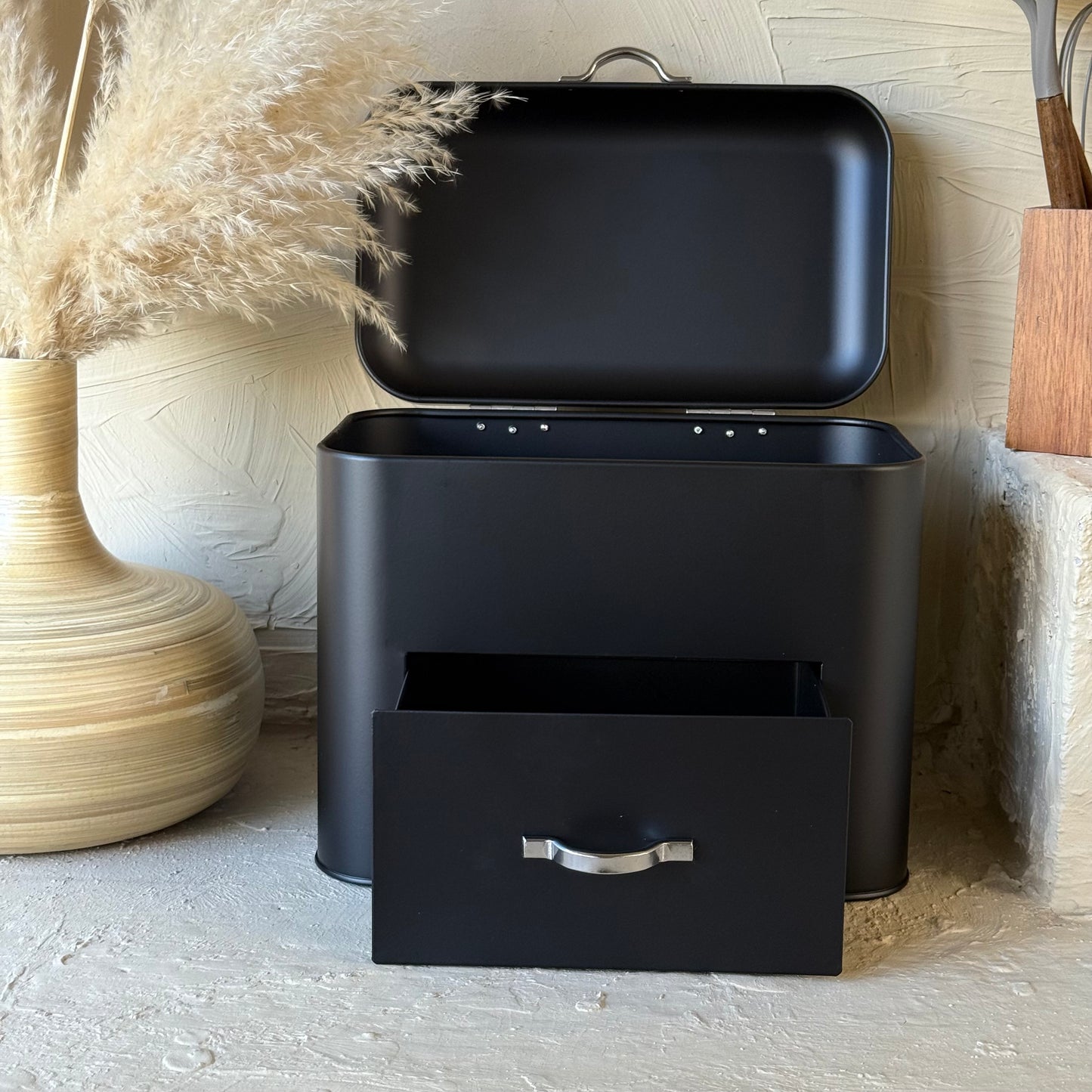 Vintage Çekmeceli Metal Ekmeklik Mat Siyah KOD:019