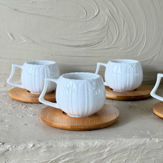 KRD Bambu Altlık Porselen Kahve Fincan Takımı Seti Tombul Model 6 Kişilik