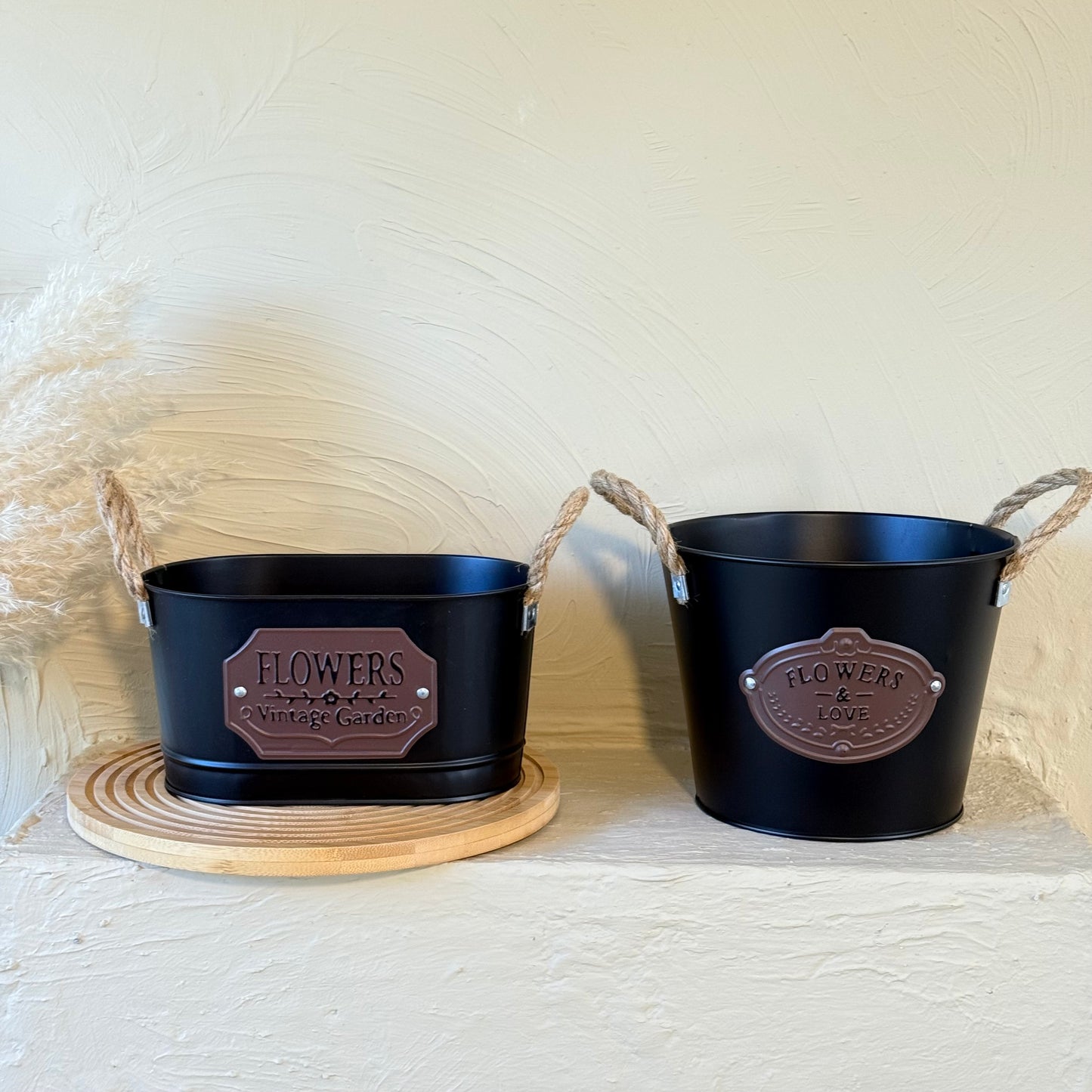 Tutku Halat Kulplu Metal İki Boy Vintage Saksı Siyah KOD:3455-54