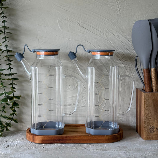 MRP Oval Ahşap Standlı İkili Yağdanlık Seti Gri 1 Litre