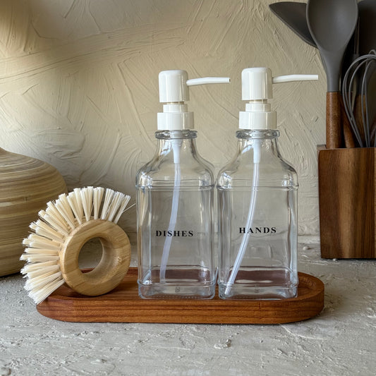 Arow Luis İkili Sıvı Sabunluk Seti Oval Ahşap Standlı Fırçalı