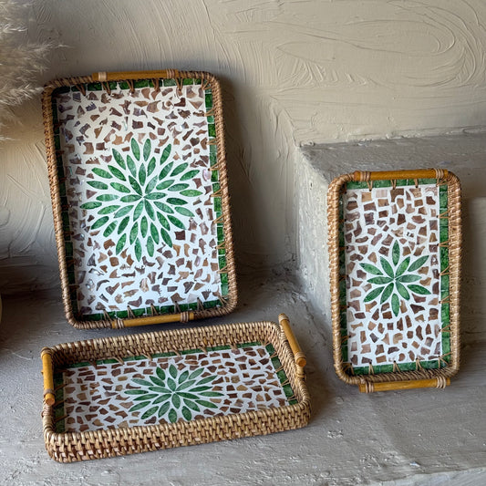 Porelly Sedef-Bambu Dikdörtgen 3 Boy Tepsi Seti Krem-Yeşil KOD:093