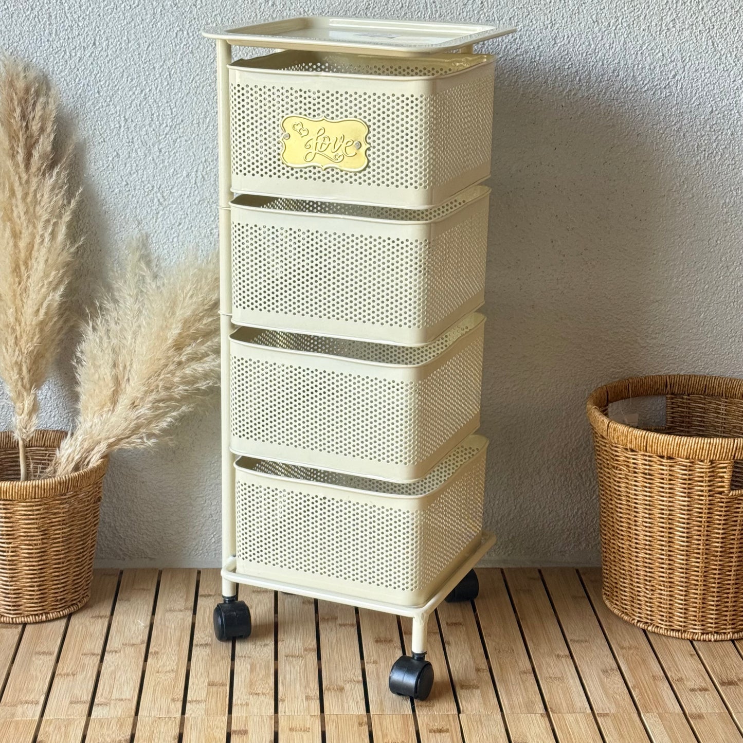 Evanev 4 Katlı Açılır Kapanır Tekerlikli Kare Ferforje Sebzelik Krem KOD:1057K