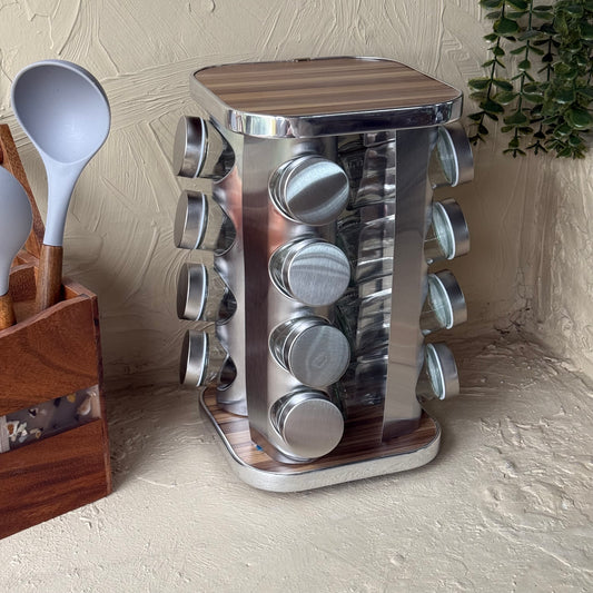 SVR Dönerli Standlı Kare Metal Kapaklı 16 Li Baharatlık Seti Ahşap-Gümüş KOD:711