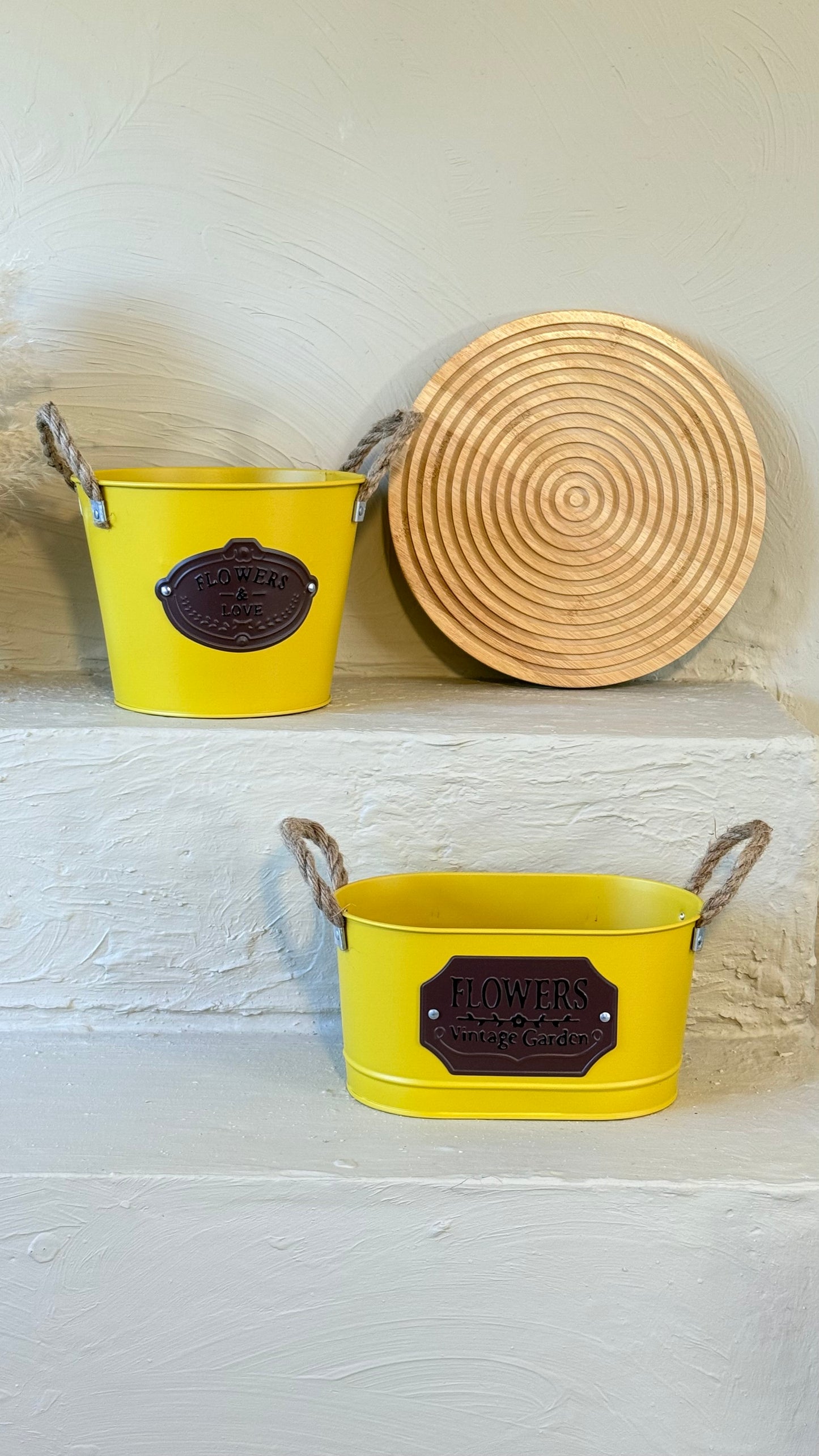 Tutku Halat Kulplu Metal İki Boy Vintage Saksı Sarı KOD:3455-54