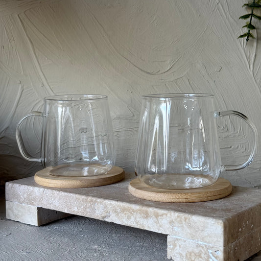 Tutku Bambu Standlı Borosilikat Cam İkili Kupa Seti Çizgili Model