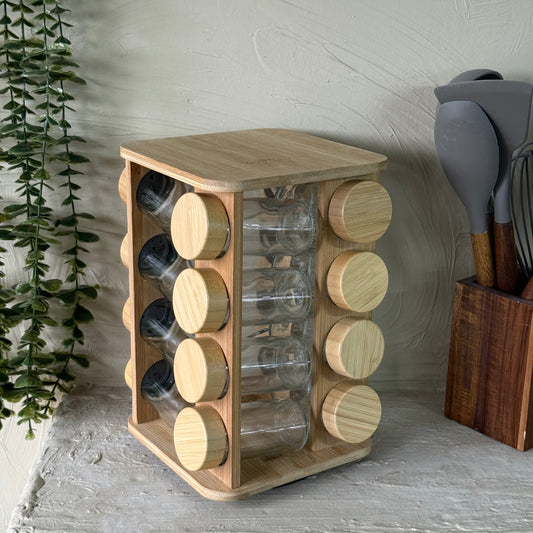 Dönen Bambu Standlı 16 lı Cam Baharatlık Seti Kare Model KOD:108