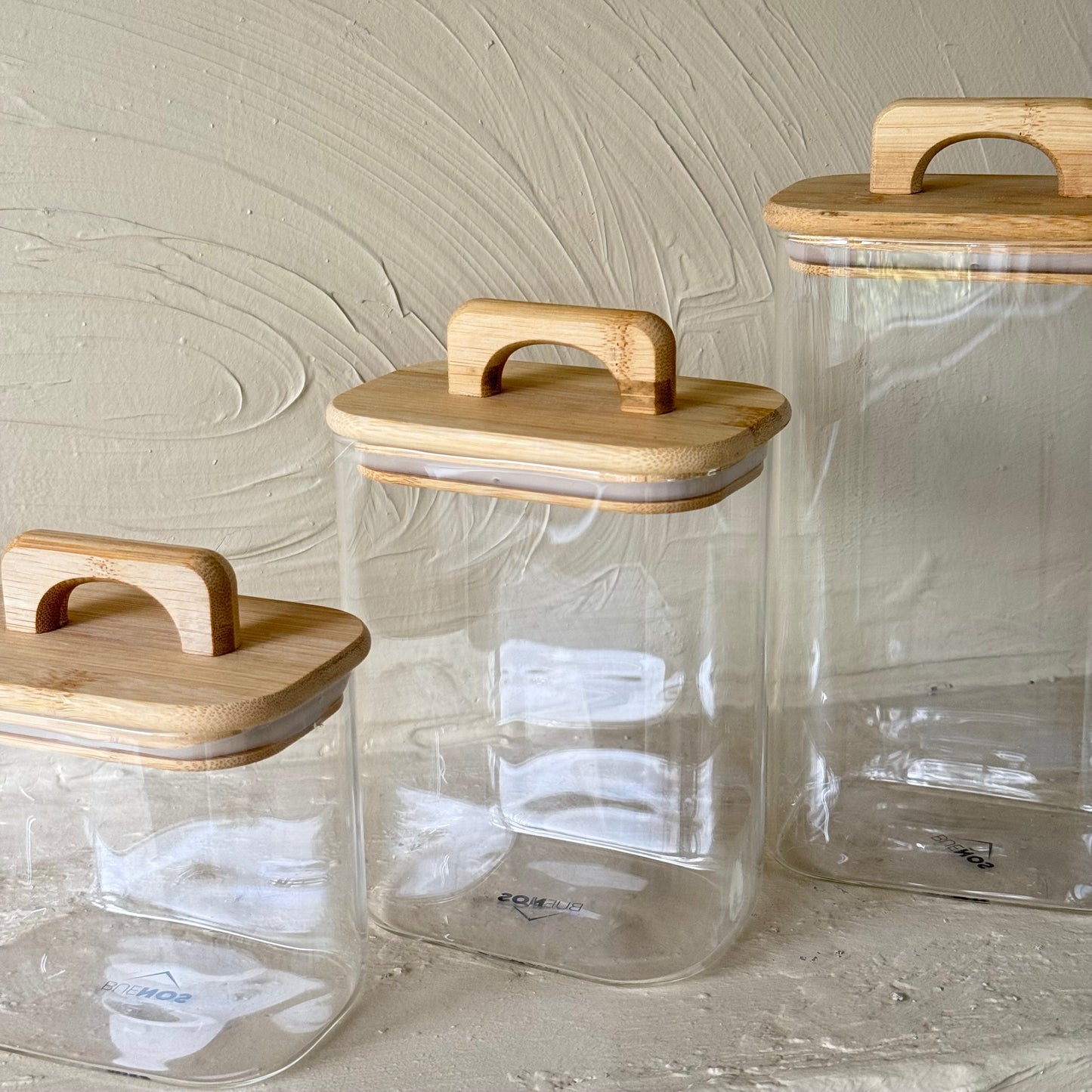 Buenos Dikdörtgen Model Akasya Ağacı Kapaklı 3 Boy Erzak Kavanoz Seti