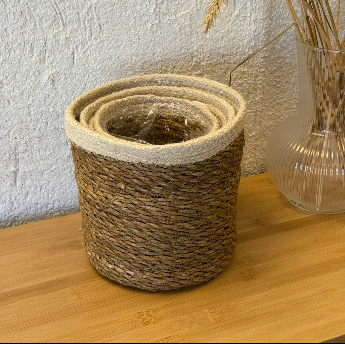 SVR Hasır Krem Çizgili 4 Boy Saksı Sepet Seti