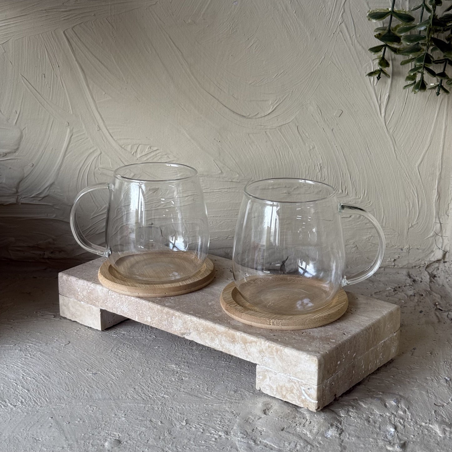 Tutku Bambu Standlı Borosilikat Cam İkili Kupa Seti KOD:086