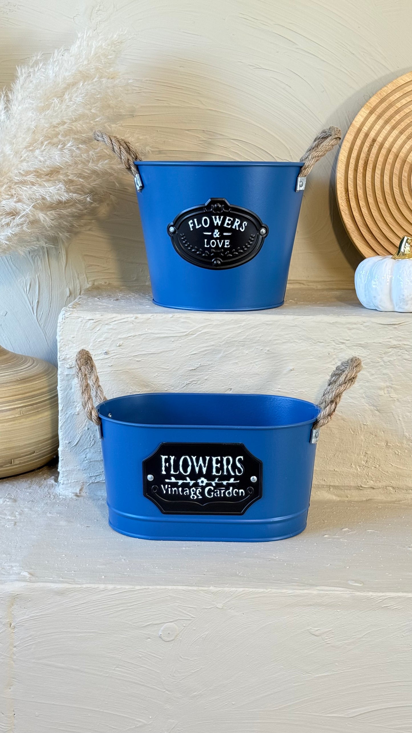 Tutku Halat Kulplu Metal İki Boy Vintage Saksı Mavi KOD:3455-54