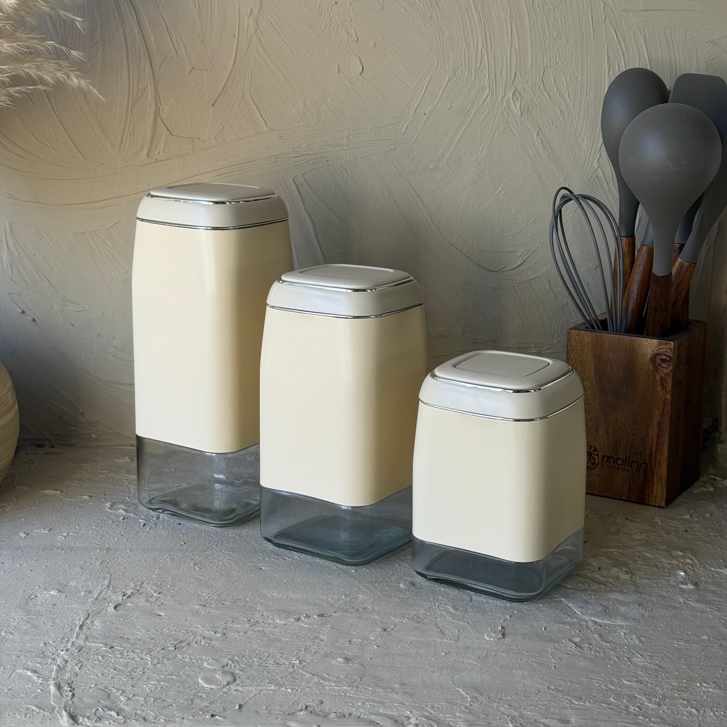 Loven Vakumlu Jar Kavanoz Set 3 Boy Kare Model Krem KOD:0405