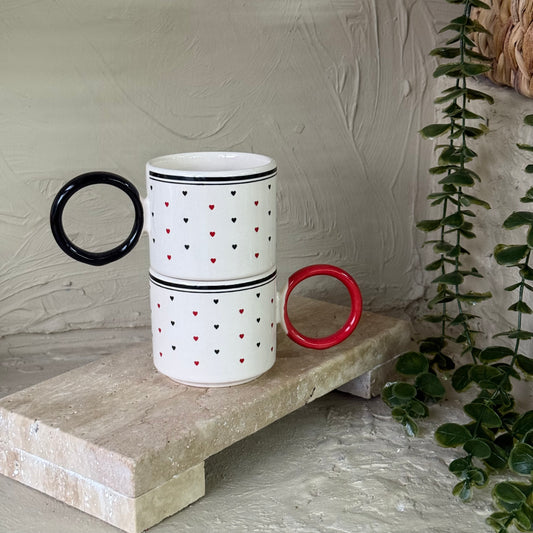 Tutku Red Black Heart Halka Kulplu İkili Kupa Seti KOD:9119