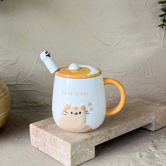Lovely Cat Porselen Kapaklı Kupa Seti Turuncu