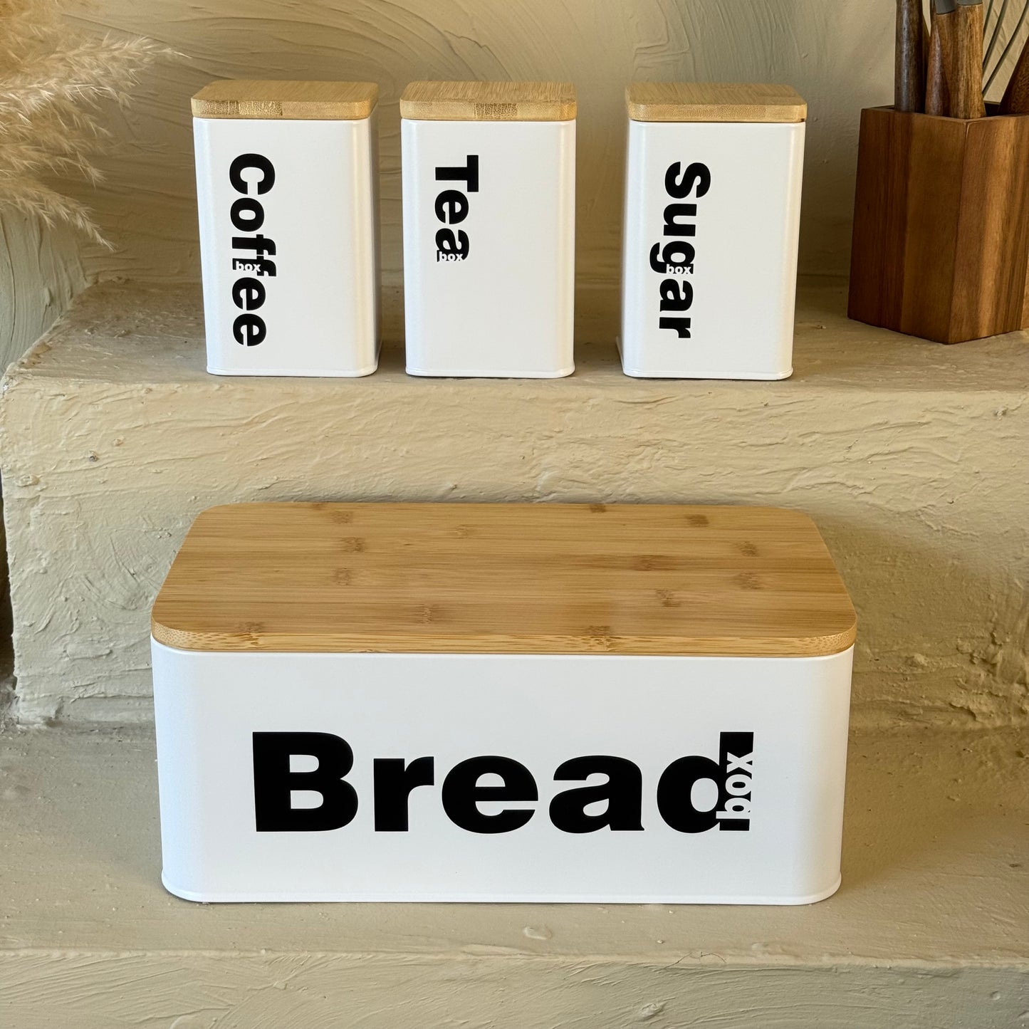 Vintage Bambu Kapaklı Ekmeklik Kavanoz Seti Beyaz KOD:345