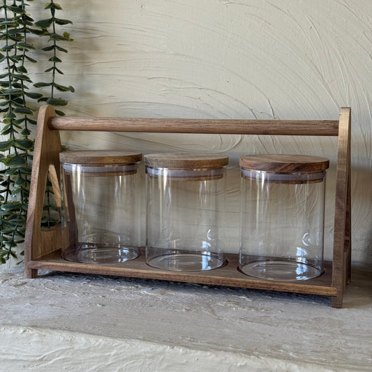 Buenally Akasya Standlı Üsten Tutmalı Yuvarlak 3 Lü Kavanoz Baharatlık Seti 400 ml KOD:057