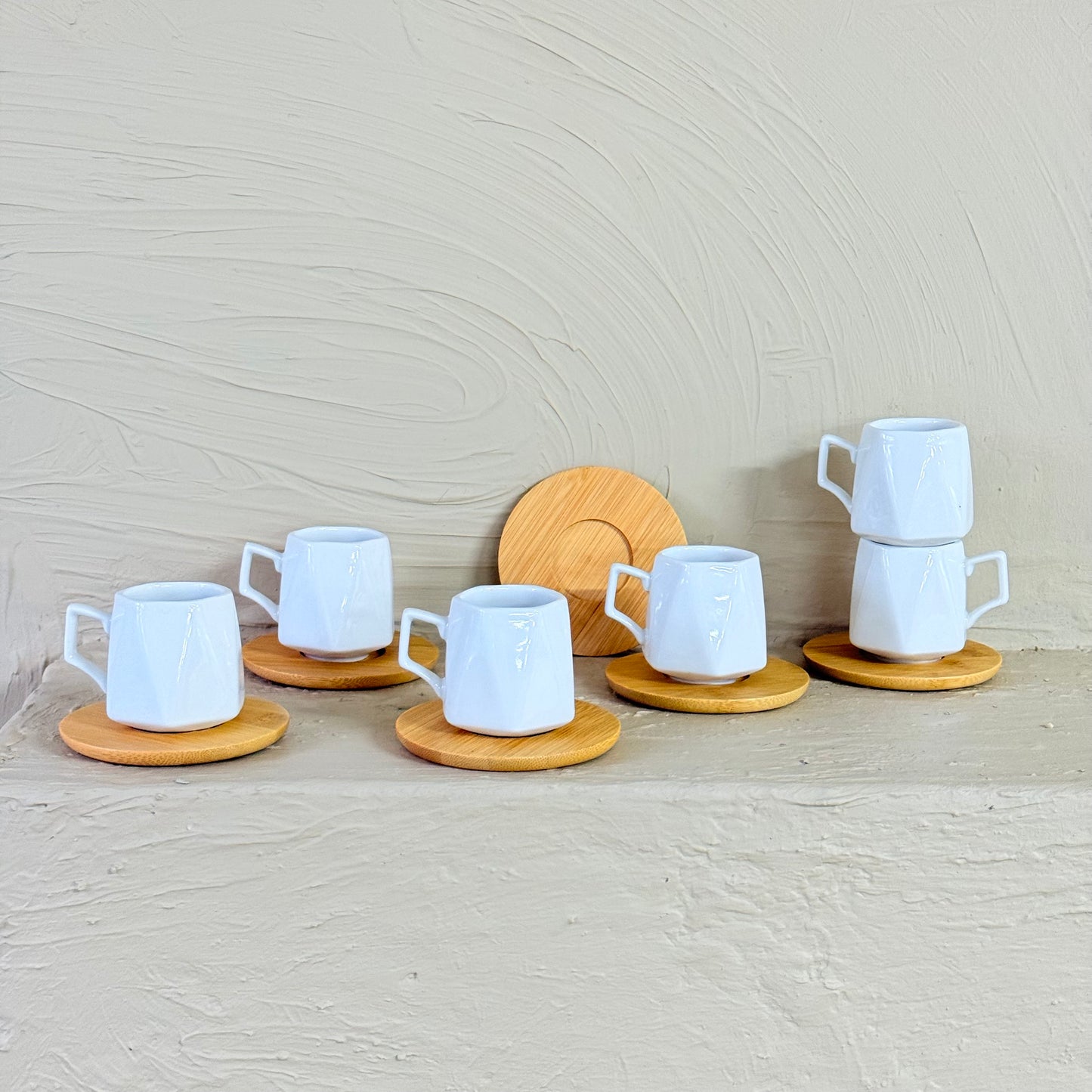 KRD Bambu Altlık Porselen Kahve Fincan Takımı Seti Prizma Model 6 Kişilik