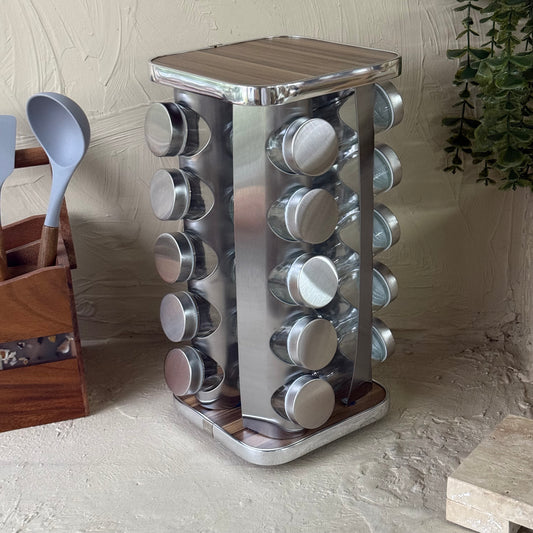 SVR Dönerli Standlı Kare Metal Kapaklı 20 Li Baharatlık Seti Ahşap-Gümüş KOD:712