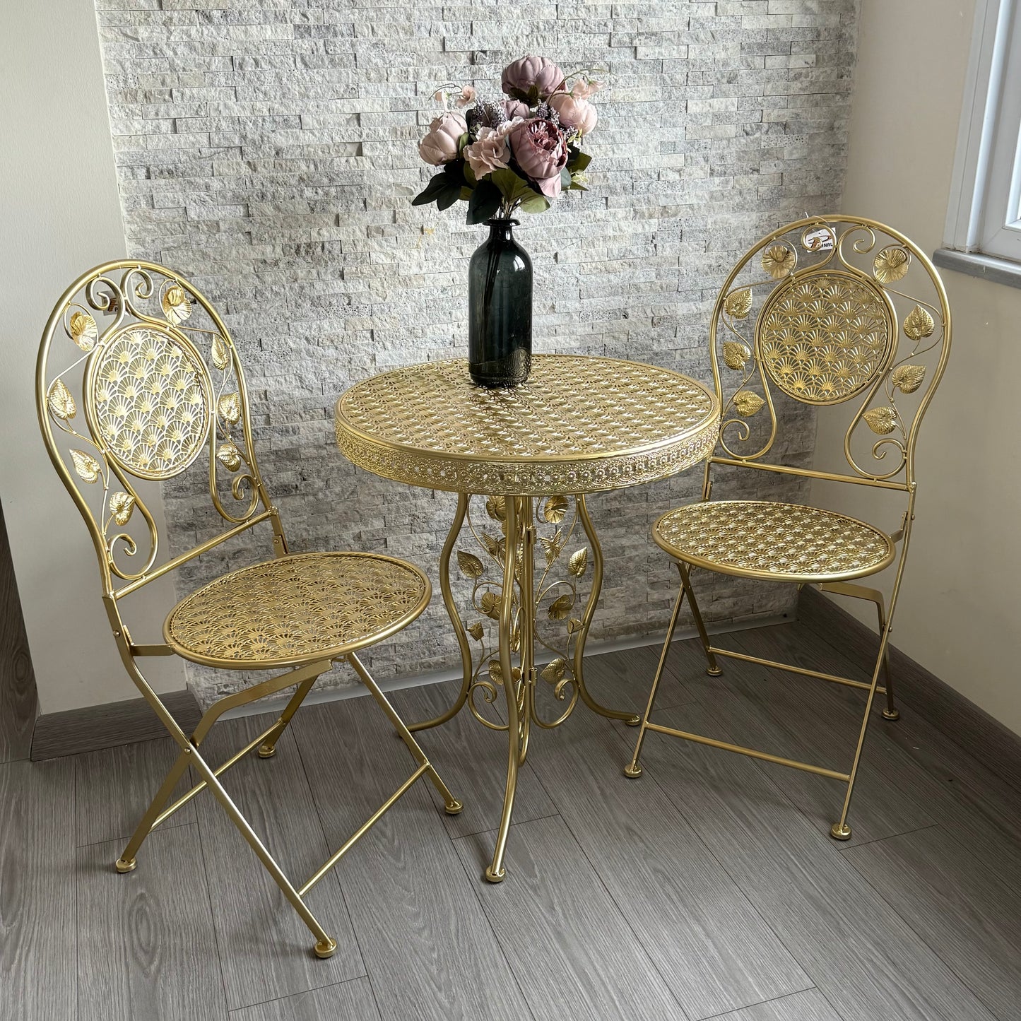 PNL Ferforje Masa Sandalye Seti 3 Parça Gold KOD:8760-8766