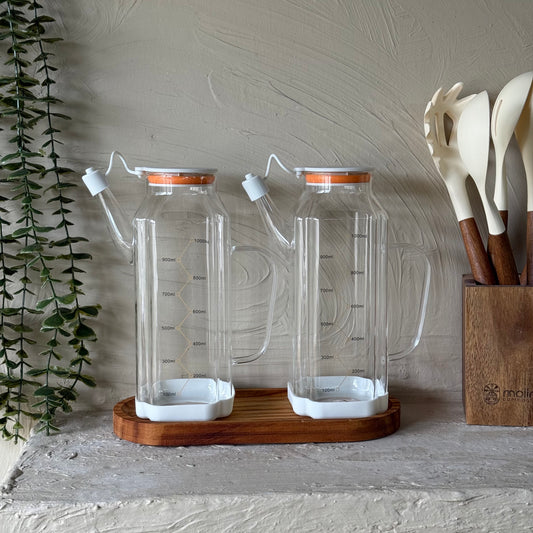 MRP Oval Ahşap Standlı İkili Yağdanlık Seti Krem 1 Litre