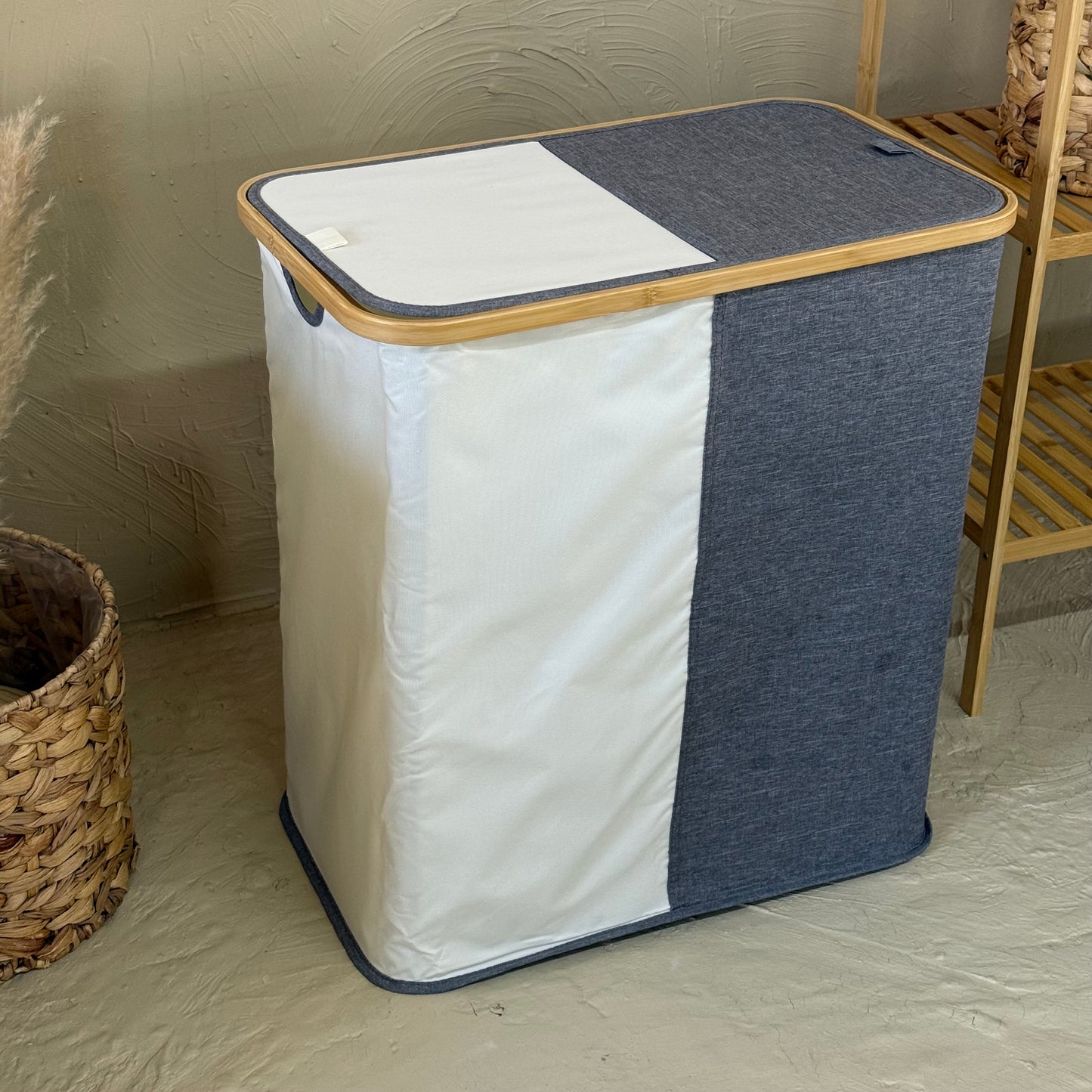 Lalezar Büyük Boy İki Bölmeli Katlanır Kirli Çamaşır Sepeti Set Gri-Krem KOD:8011