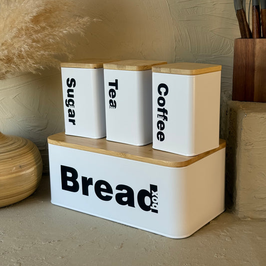 Vintage Bambu Kapaklı Ekmeklik Kavanoz Seti Beyaz KOD:345