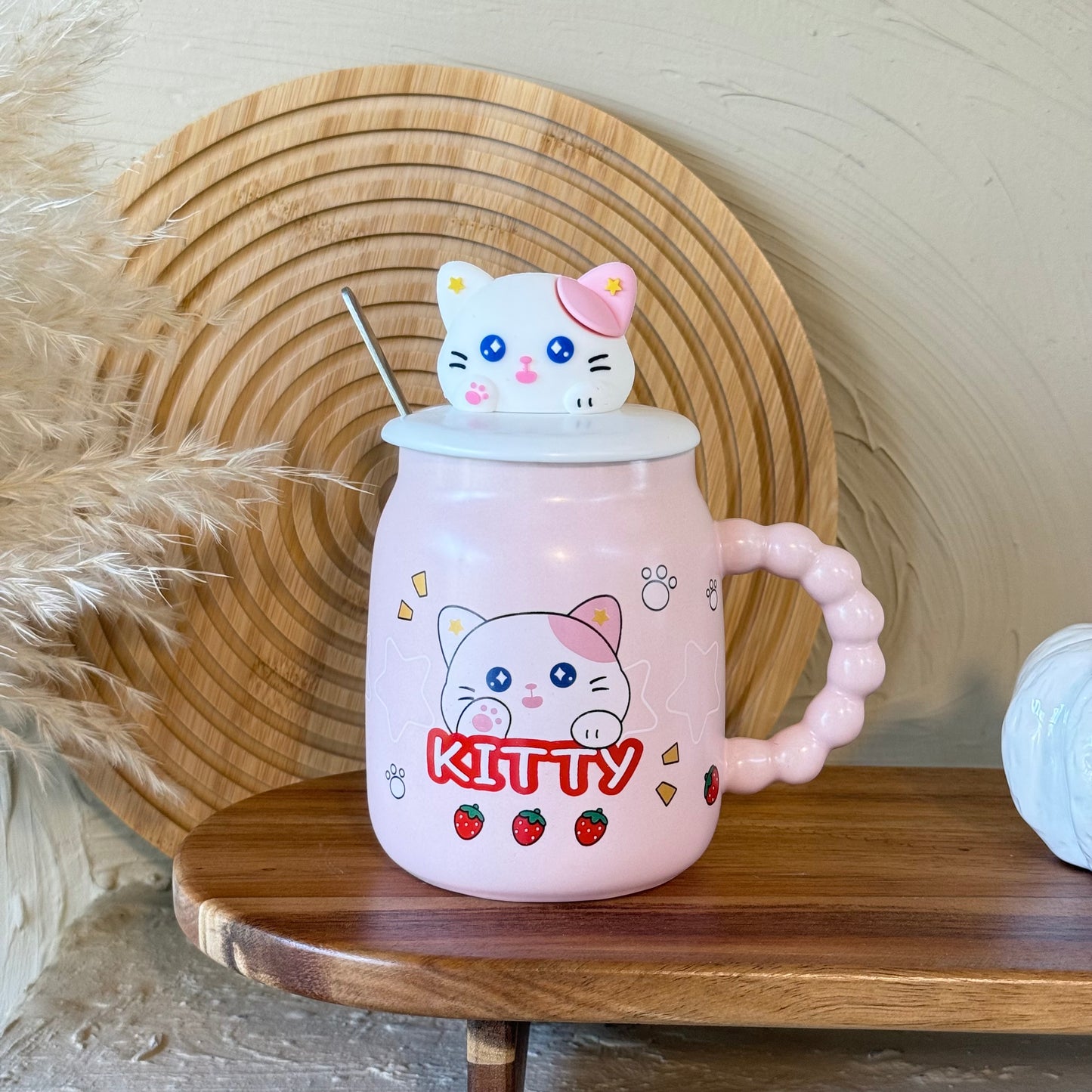 Tutku Kitty Kapaklı Porselen Kupa Pembe