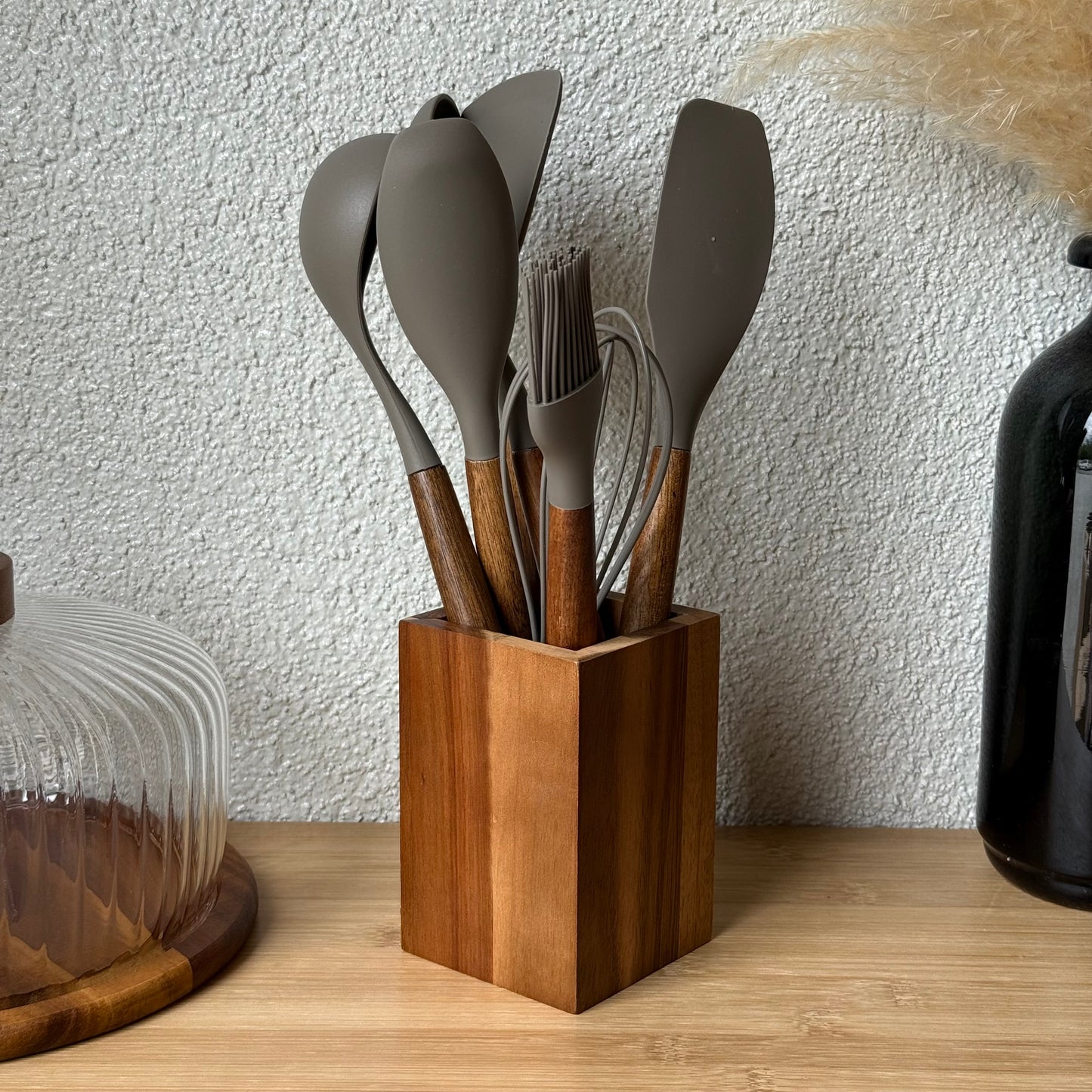 Molino Akasya Ağacı Standlı Silikon Mutfak Seti 8 Parça Bej