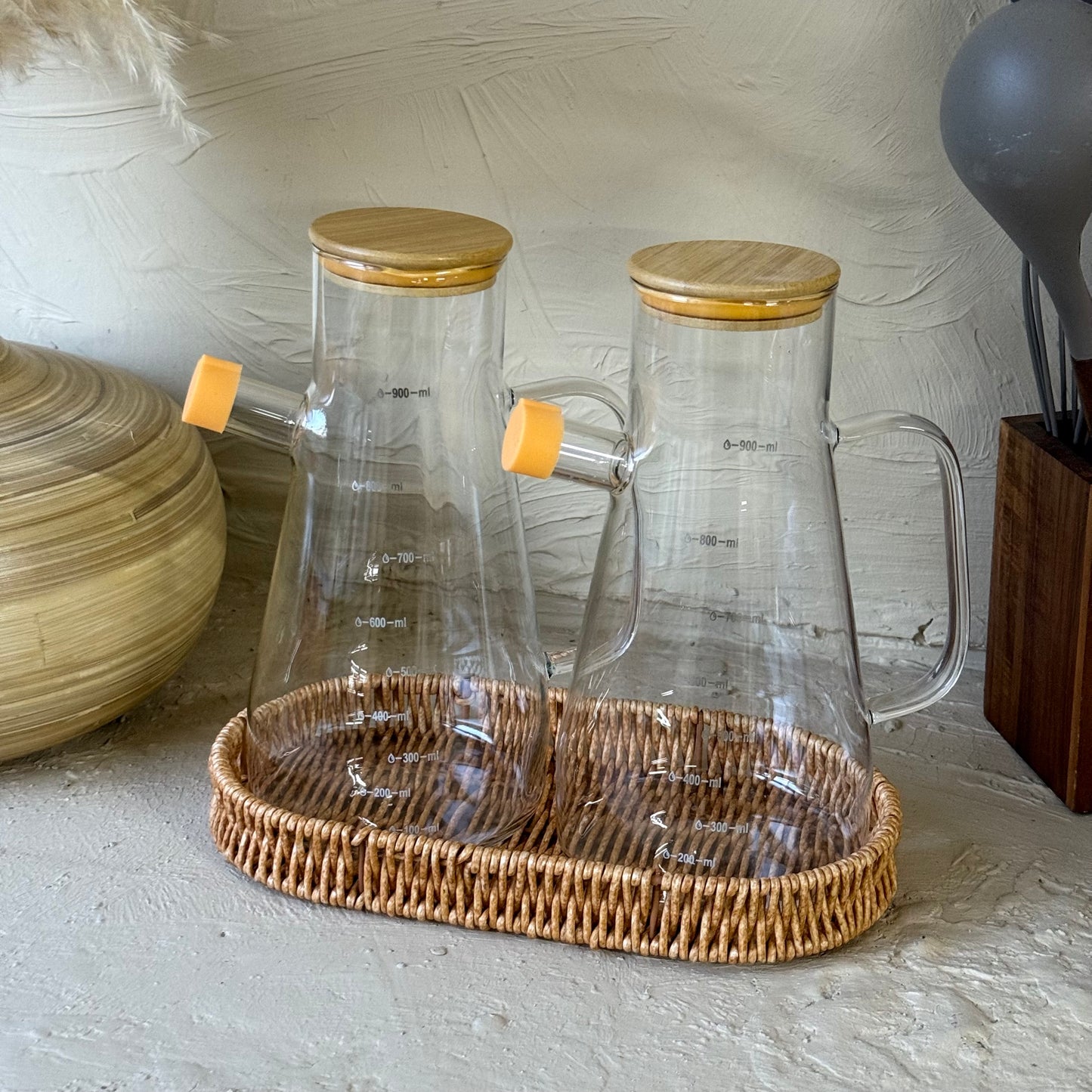 Valley Rattan Standlı İkili Borosilikat Yağdanlık Seti 900 ml