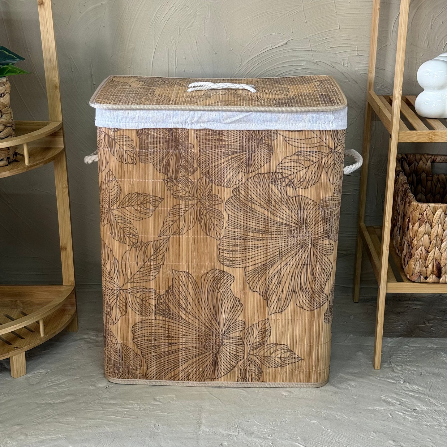 Lorena Desenli Bambu Kapaklı İçi Astarlı Kirli Çamaşır Sepeti KOD:790