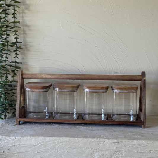 Buenally Akasya Standlı Üsten Tutmalı 4 Lü Kavanoz Baharatlık Seti 450 ml KOD:131