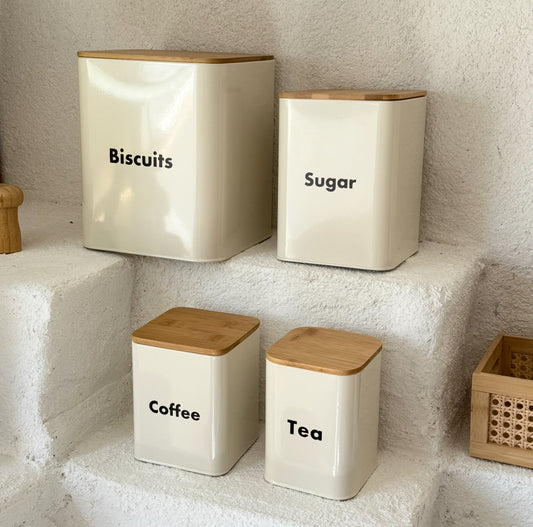 Evanev Bambu Kapaklı Jar Erzak Seti 4 Parça Krem