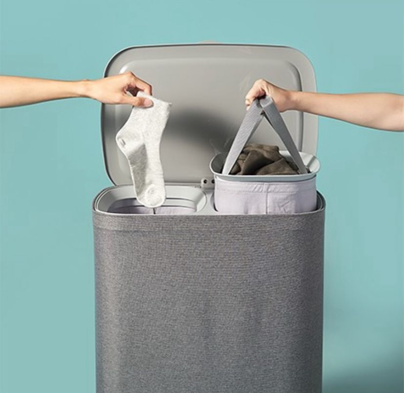 Evanev 2 Bölmeli Katlanır Kumaş Kirli Çamaşır Sepeti Gri 50 Litre