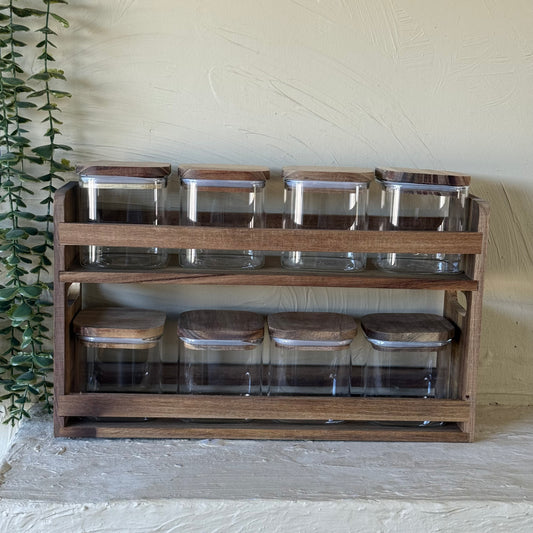 Buenally Akasya Sandık Standlı İki Katlı Kare 8 Li Baharatlık Seti 350 ml KOD:064