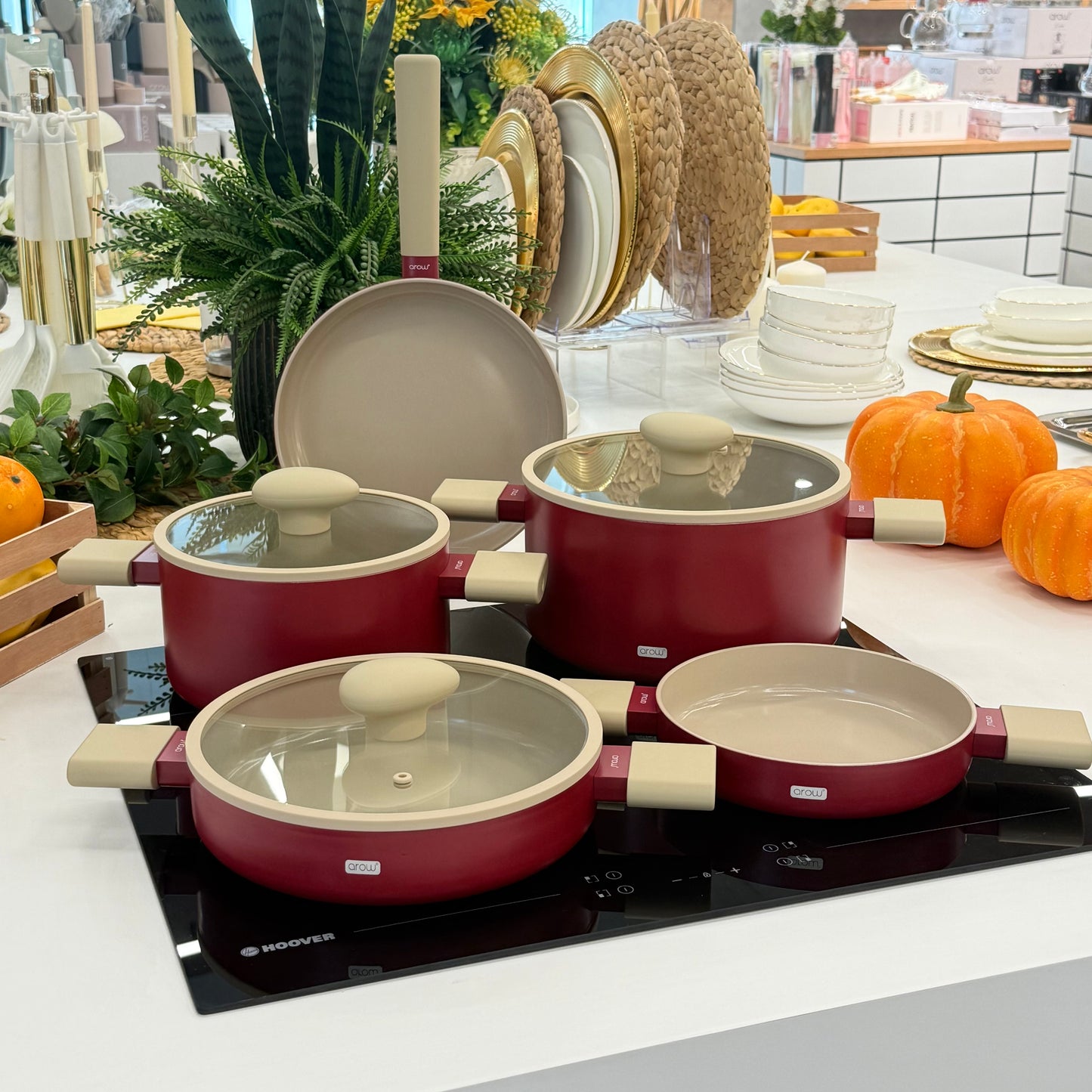Arow Kristal Kaplama Yapışmaz Taban Tencere Tava Seti 8 Parça Bordo