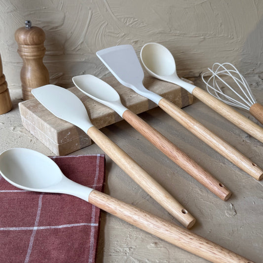 Kully Bambu Saplı Silikon Kepçe Seti 6 Adet Krem KOD:1-8