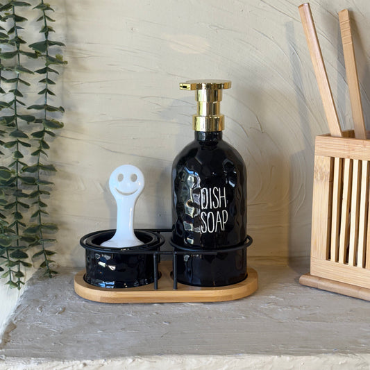 Buenally Mutfak Sıvı Sabunluk Seti Bambu Standlı 4 Parça Siyah KOD:2407