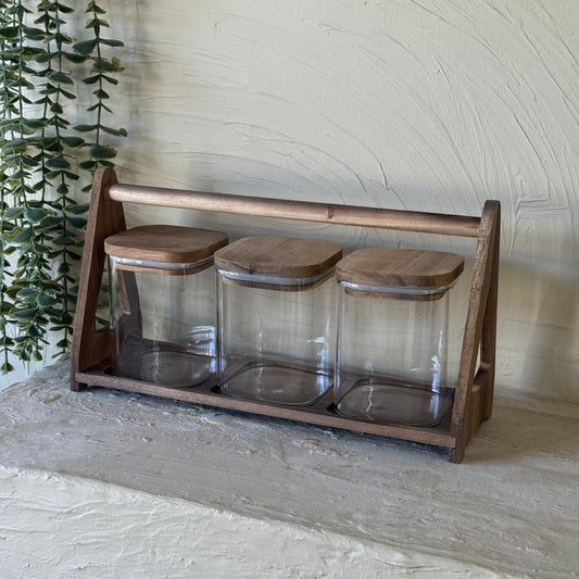 Buenally Akasya Standlı Üsten Tutmalı 3 Lü Kavanoz Seti Çay, Kahve, Şeker 450 ml KOD:059