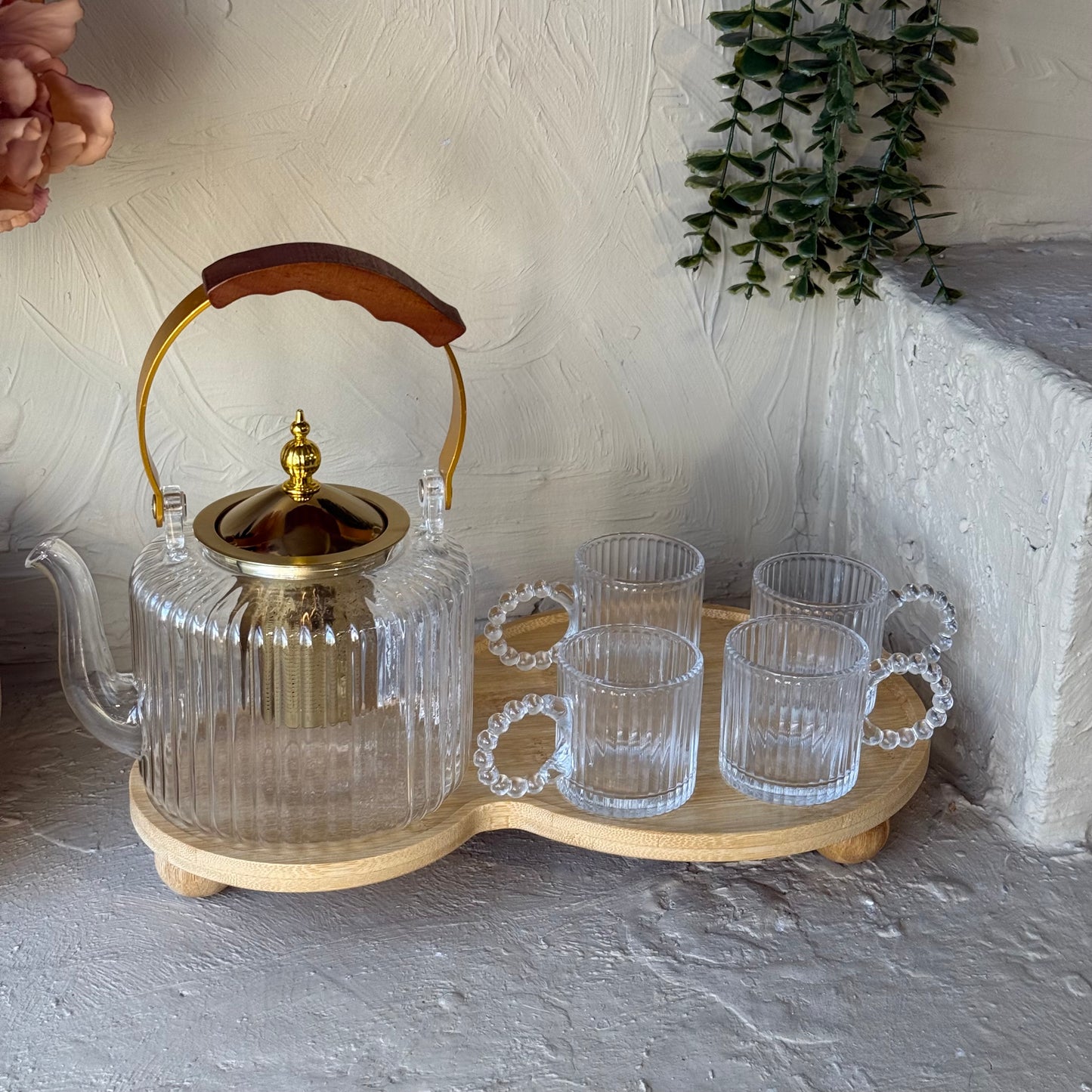Üsküdar Bambu Standlı Borosilikat Cam Çay Kahve Seti 6 Parça
