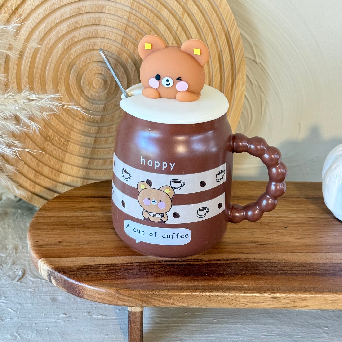 Tutku Bear Kapaklı Porselen Kupa Kahve Rengi Happy