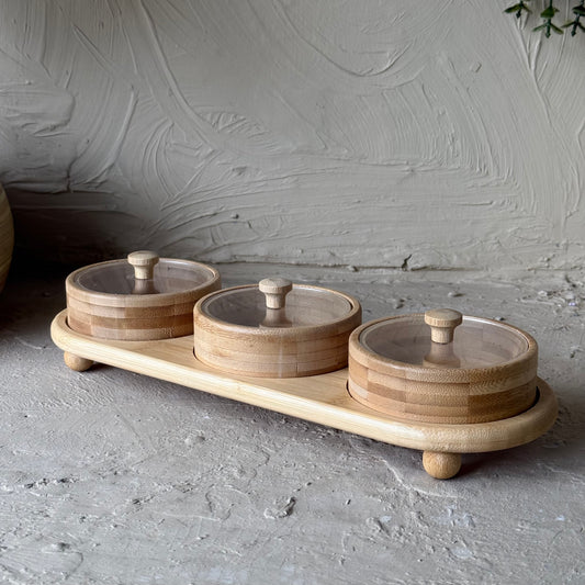 Molino Dikdörtgen Bambu Standlı Yuvarlak Sunumluk Çerezlik Seti KOD:30452